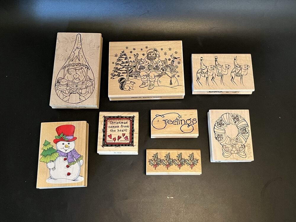 Christmas Wood Mounted Rubber Stampede Lot Of 8 Vintage